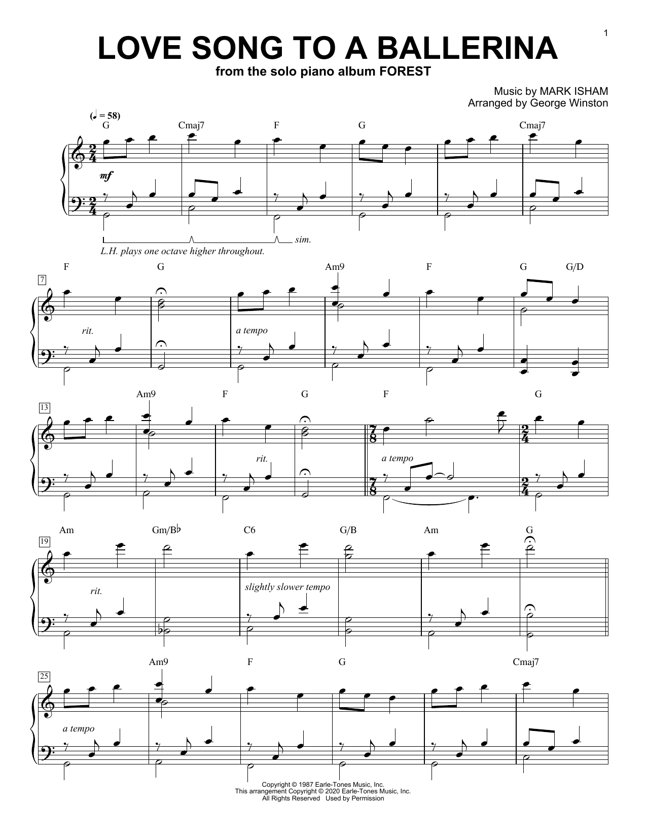 George Winston Love Song To A Ballerina sheet music notes and chords arranged for Easy Piano