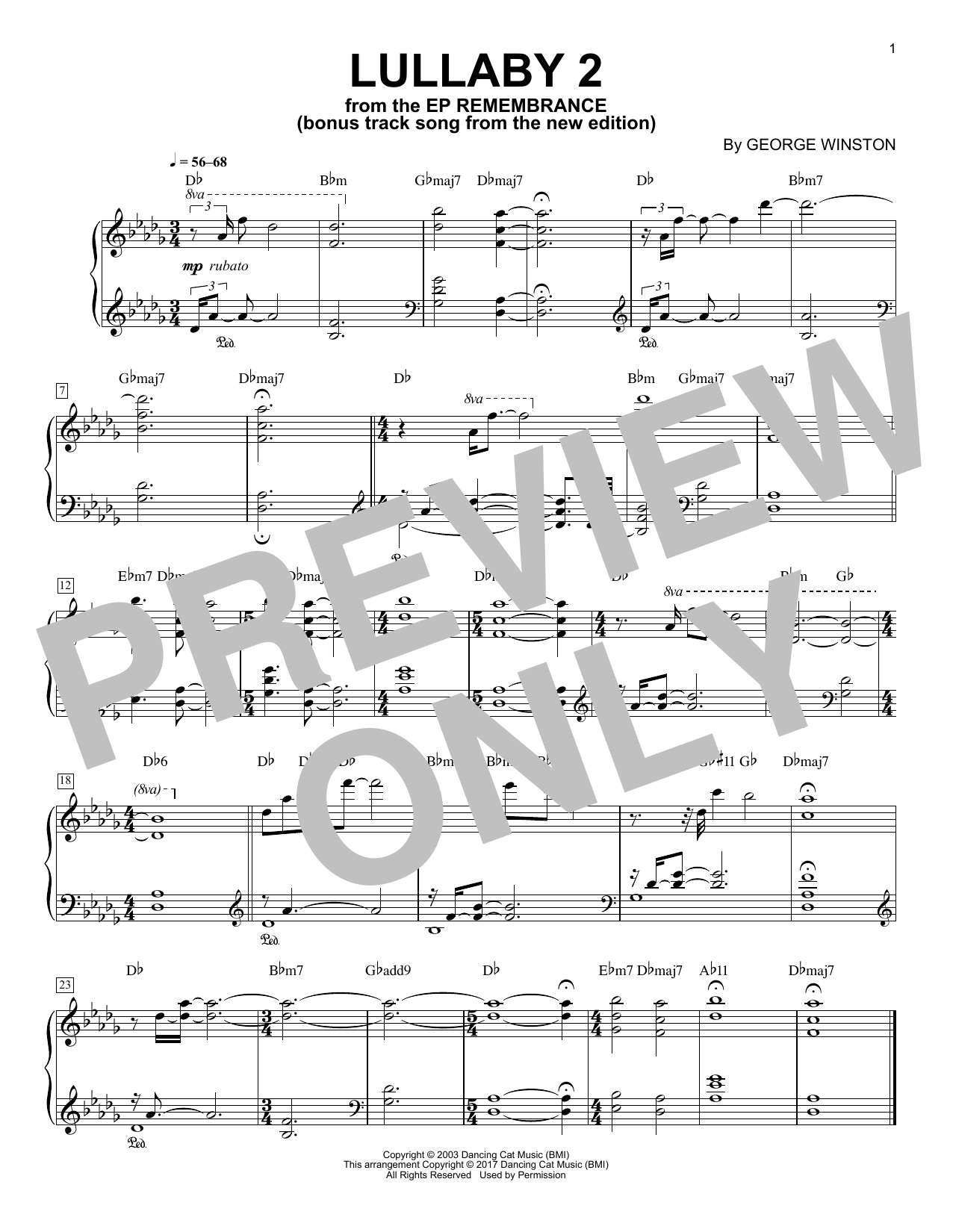 George Winston Lullaby 2 sheet music notes and chords arranged for Piano Solo