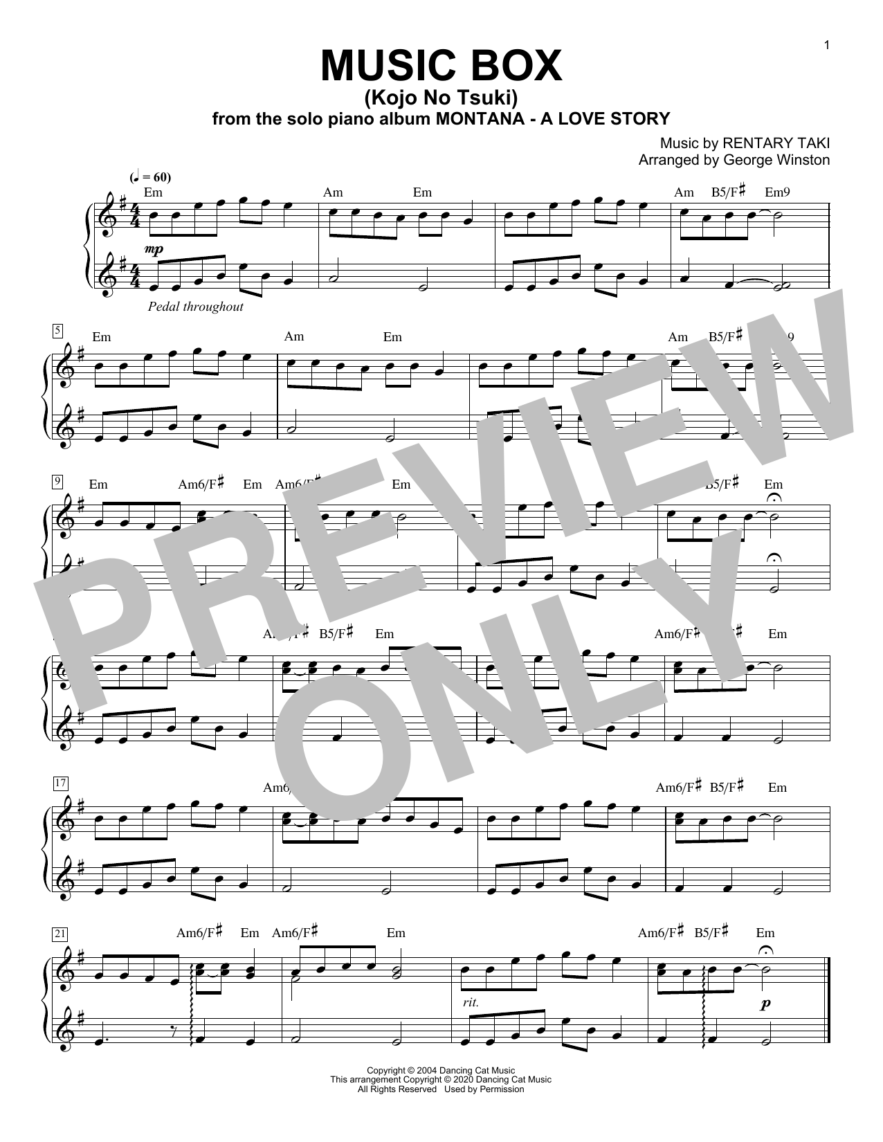 George Winston Music Box (Kojo No Tsuki) sheet music notes and chords arranged for Piano Solo