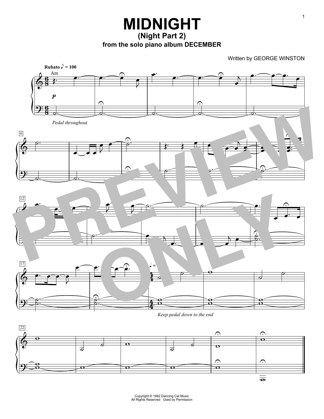 George Winston Night (Part 2: Midnight) sheet music notes and chords arranged for Piano Solo