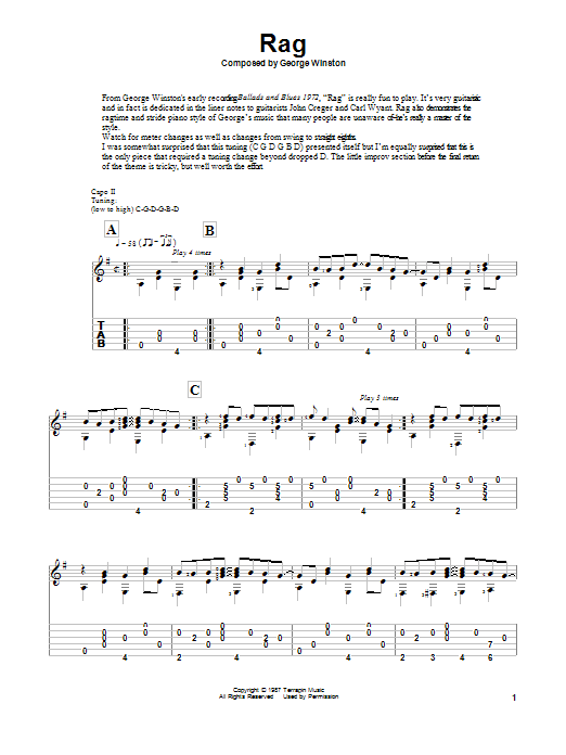 George Winston Rag sheet music notes and chords arranged for Solo Guitar