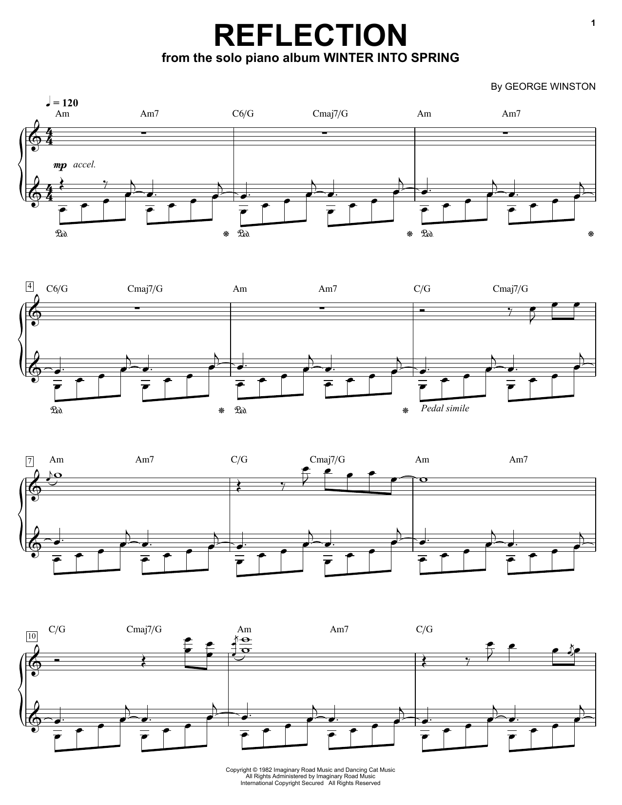 George Winston Reflection sheet music notes and chords arranged for Piano Solo