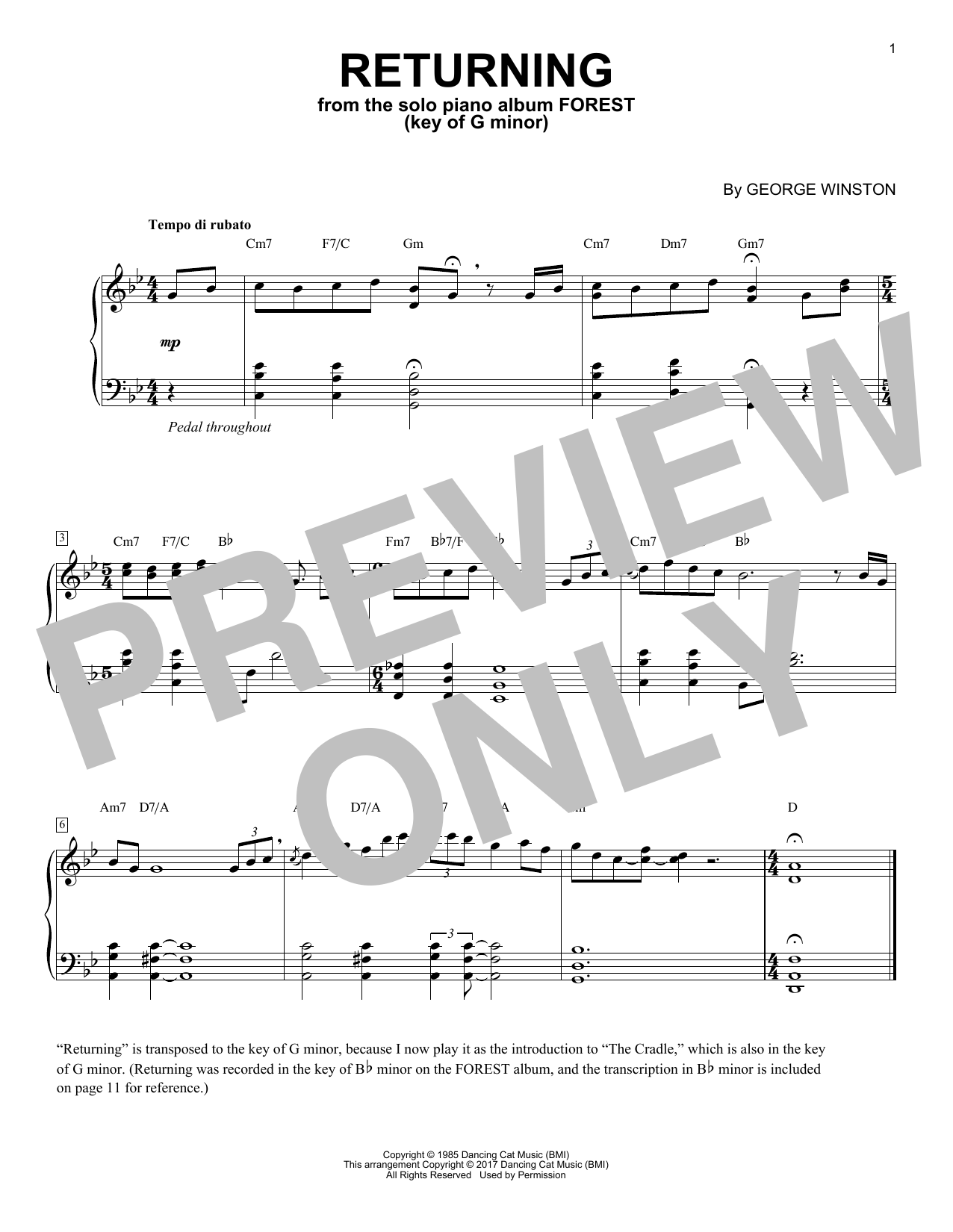 George Winston Returning (in G Minor) sheet music notes and chords arranged for Piano Solo