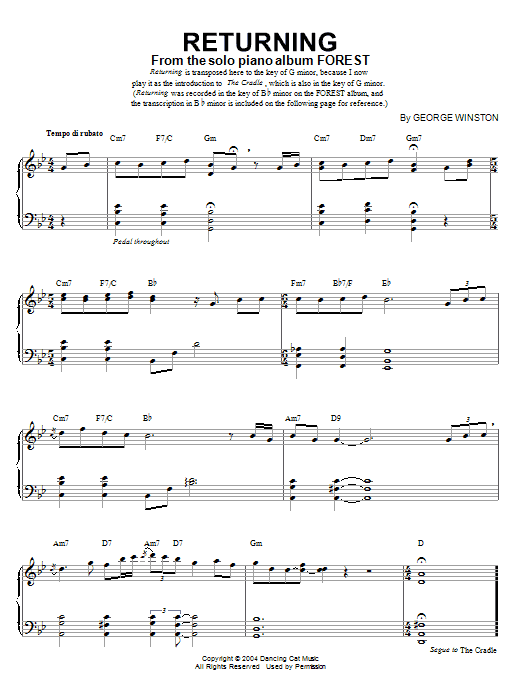 George Winston Returning sheet music notes and chords arranged for Piano Solo