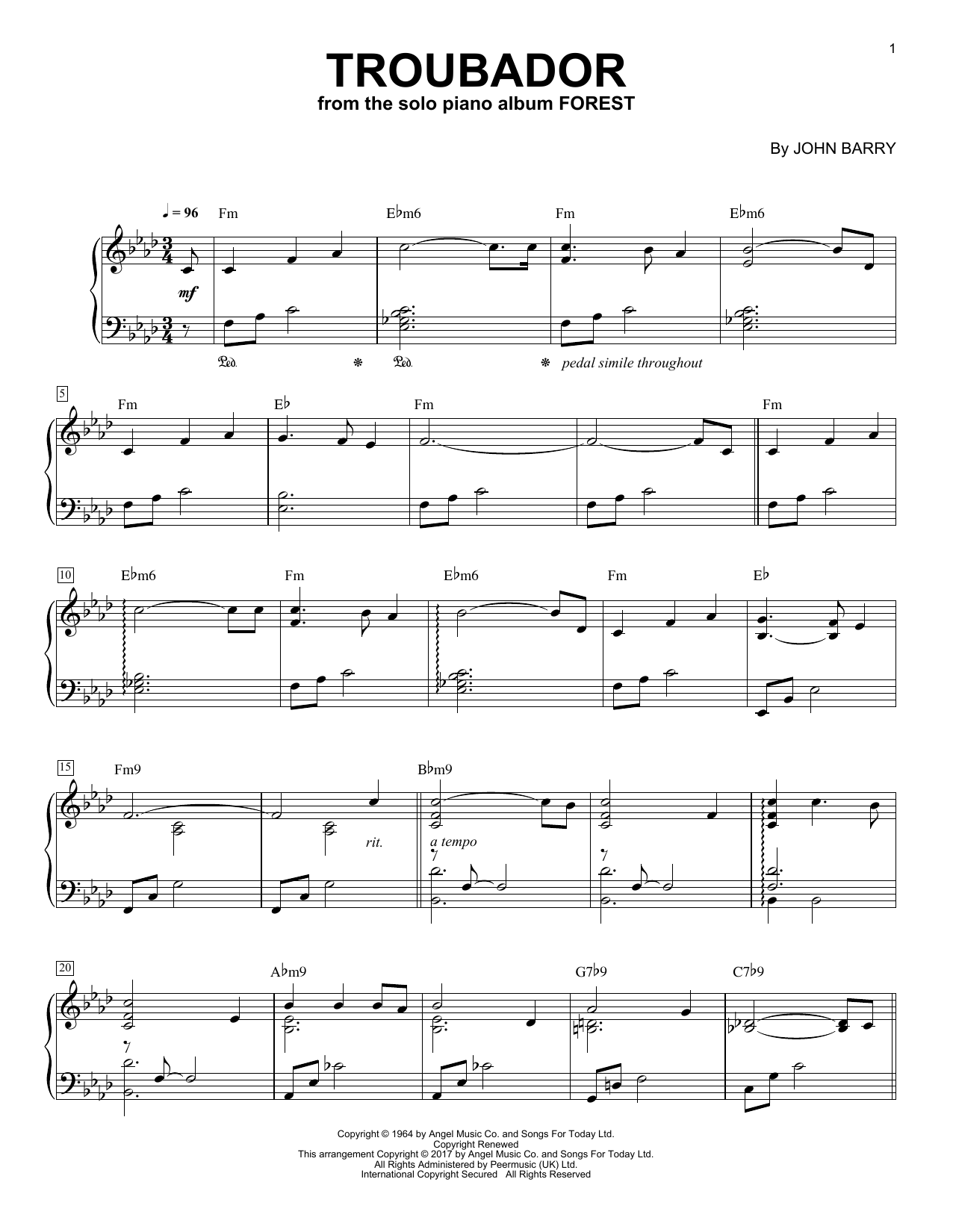 George Winston Troubadour sheet music notes and chords arranged for Piano Solo