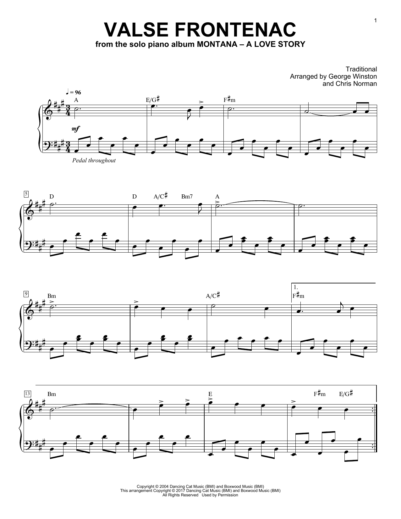 George Winston Valse De Frontenac sheet music notes and chords arranged for Piano Solo