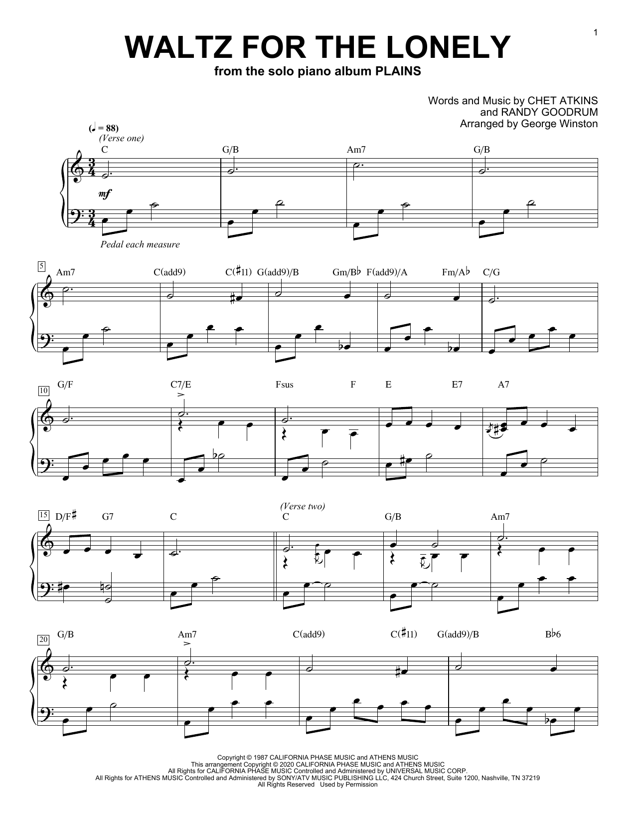 George Winston Waltz For The Lonely sheet music notes and chords arranged for Piano Solo