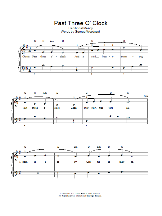 Christmas Carol Past Three O'Clock sheet music notes and chords arranged for Easy Piano