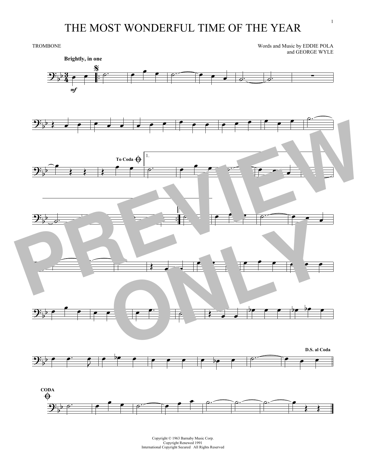 George Wyle & Eddie Pola The Most Wonderful Time Of The Year sheet music notes and chords arranged for Trombone Solo