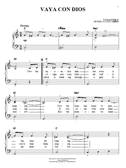 George (Yoyito) Cabrera Vaya Con Dios sheet music notes and chords arranged for Easy Piano