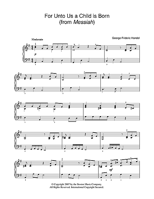 George Frideric Handel For Unto Us A Child Is Born (from Messiah) sheet music notes and chords arranged for Easy Piano