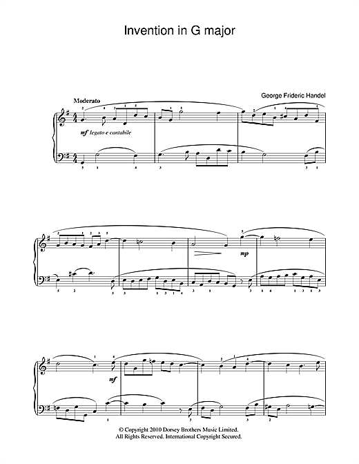 George Frideric Handel Invention In G sheet music notes and chords arranged for Easy Piano