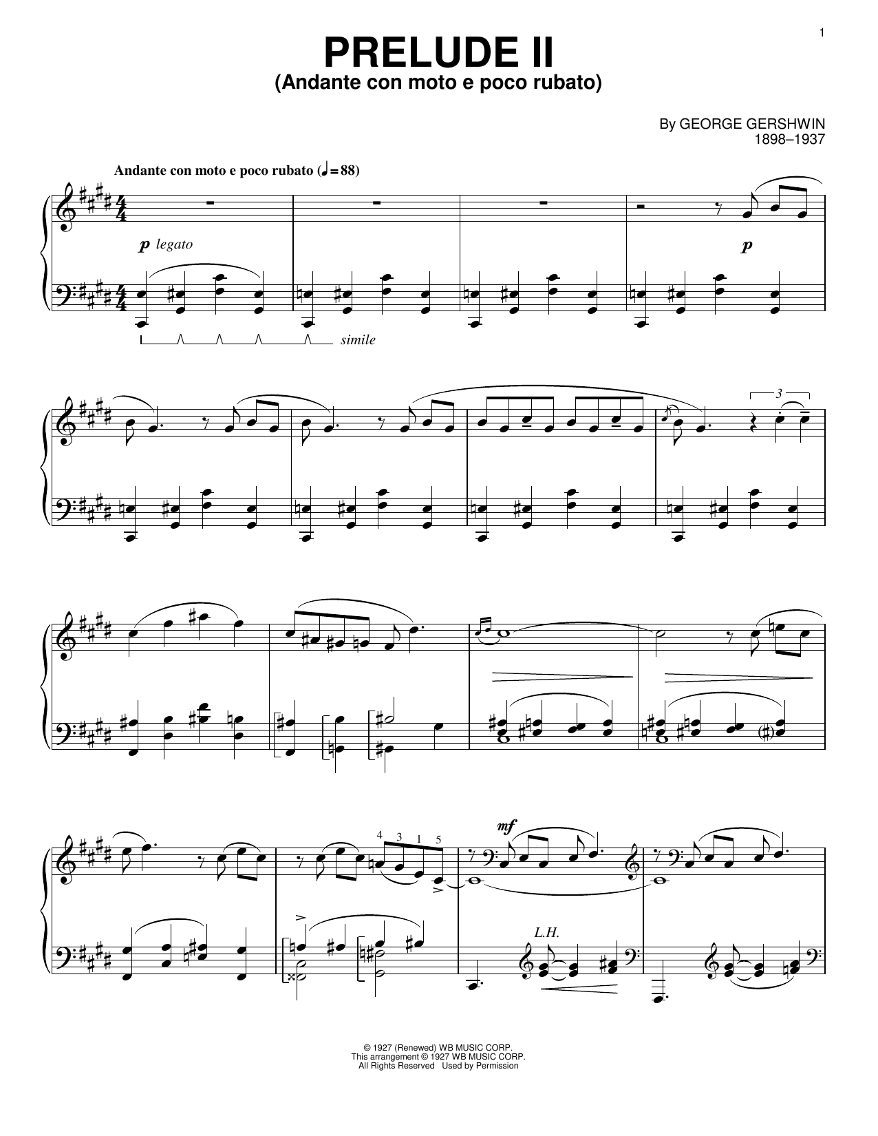 George Gershwin Prelude II (Andante Con Moto E Poco Rubato) sheet music notes and chords arranged for Flute and Piano