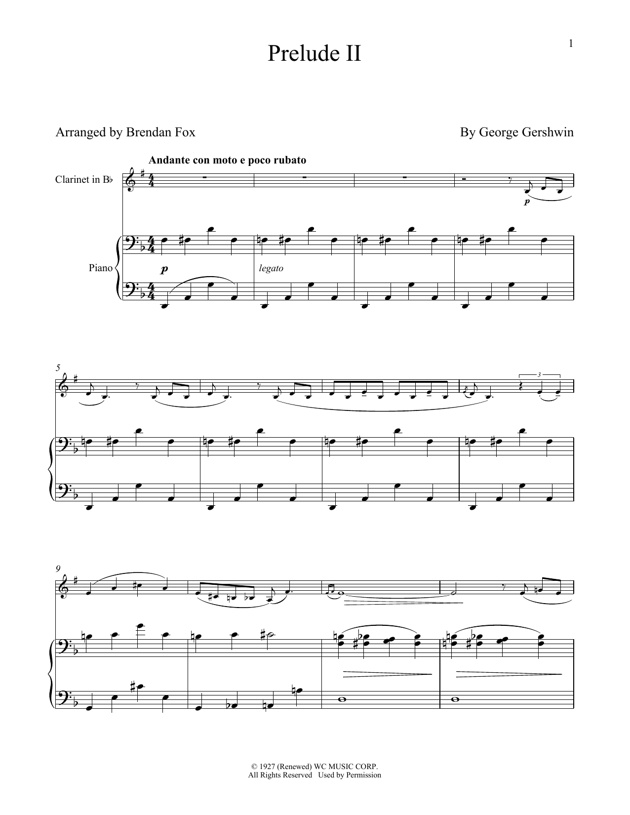 George Gershwin Prelude II (Andante Con Moto E Poco Rubato) sheet music notes and chords arranged for Clarinet and Piano