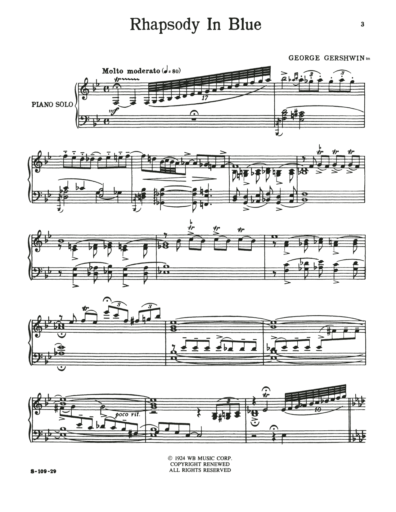 George Gershwin Rhapsody In Blue (full version) sheet music notes and chords arranged for Piano Solo