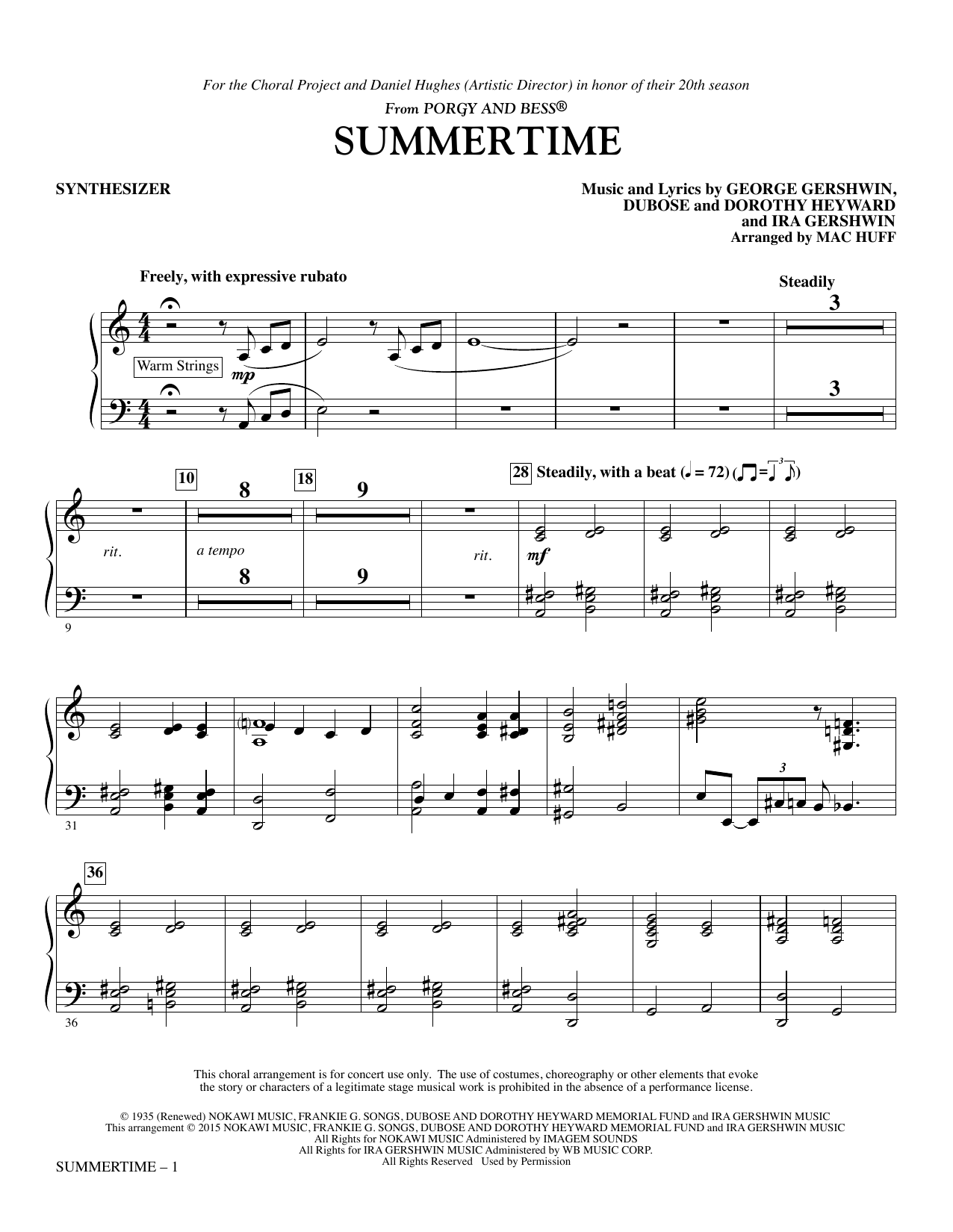 George Gershwin Summertime - Synthesizer sheet music notes and chords. Download Printable PDF.