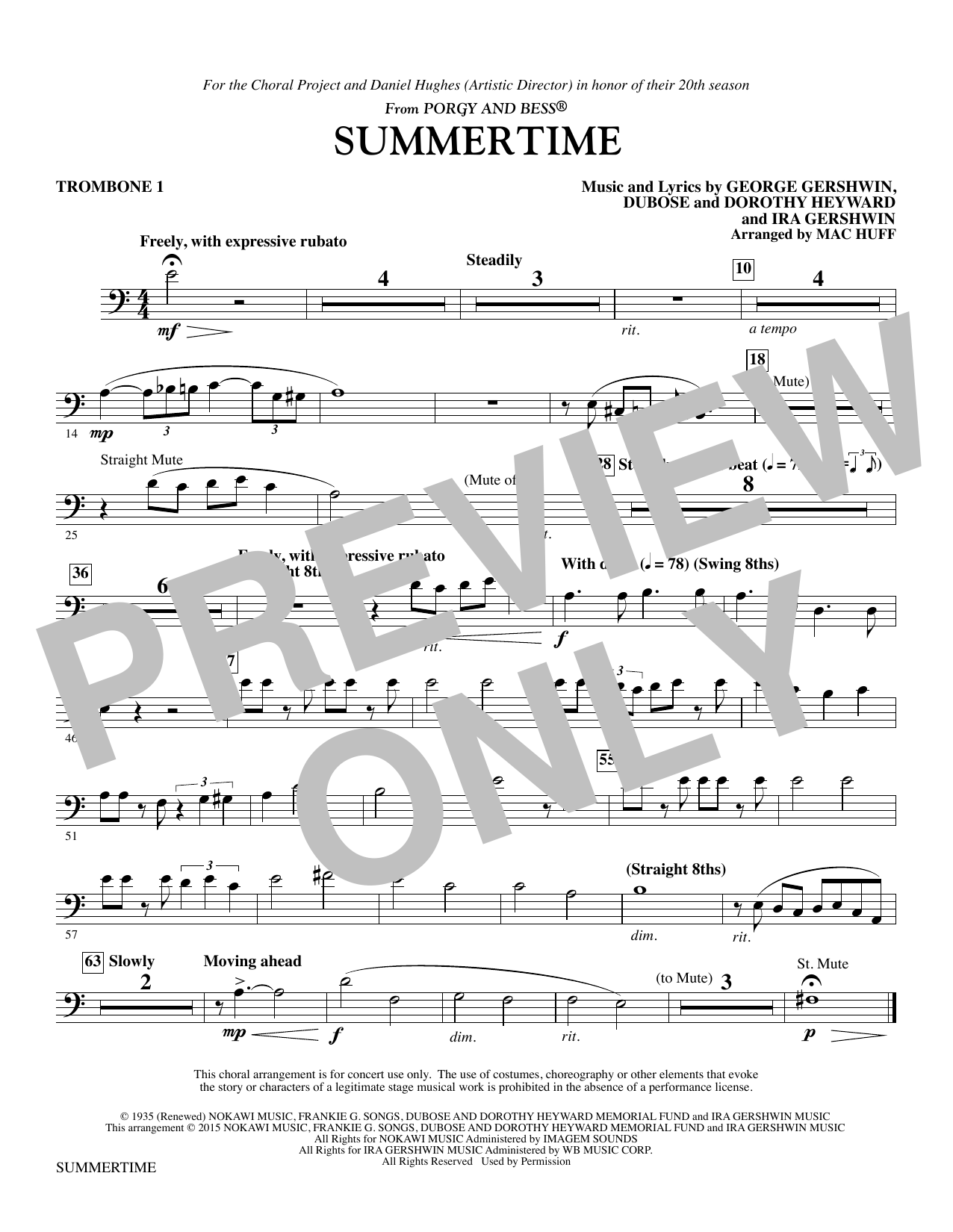 George Gershwin Summertime - Trombone 1 sheet music notes and chords. Download Printable PDF.