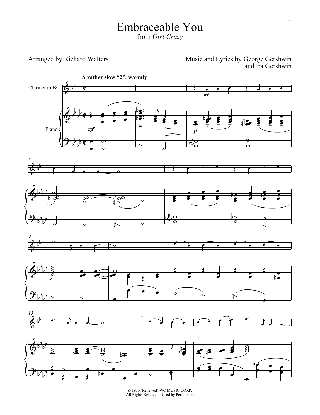 George Gershwin & Ira Gershwin Embraceable You (from Girl Crazy) sheet music notes and chords arranged for Clarinet and Piano