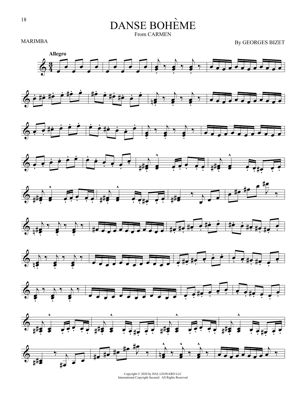 Georges Bizet Danse Boheme sheet music notes and chords arranged for Marimba Solo
