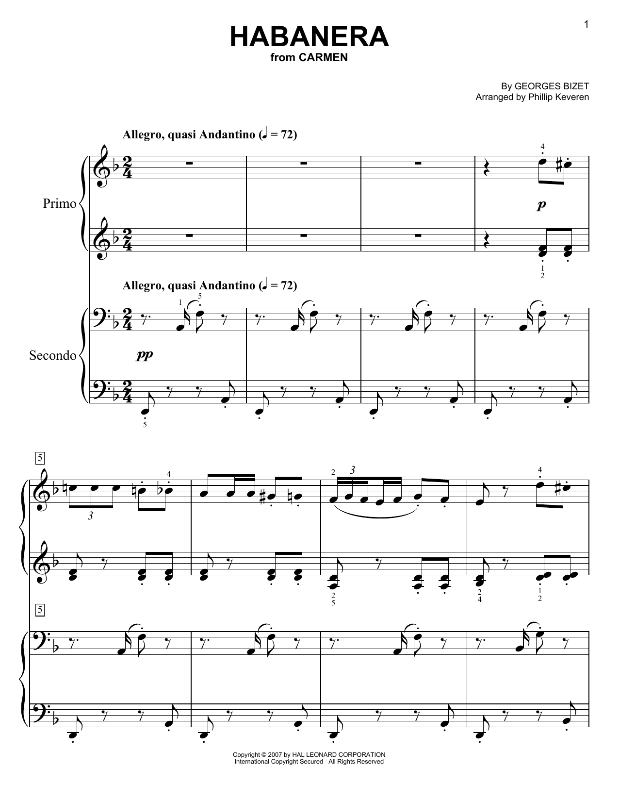 Georges Bizet Habanera (arr. Phillip Keveren) sheet music notes and chords arranged for Easy Piano Duet