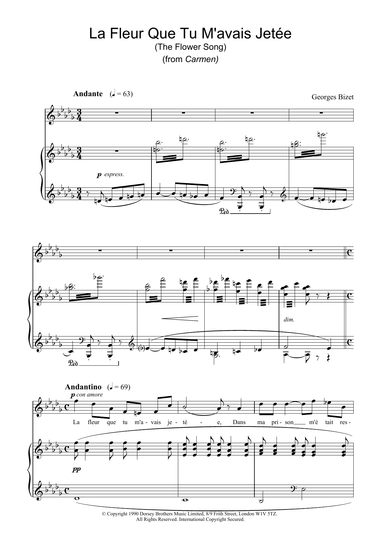 Georges Bizet La Fleur Que Tu M'avais Jetee (The Flower Song) (from Carmen) sheet music notes and chords arranged for Piano & Vocal
