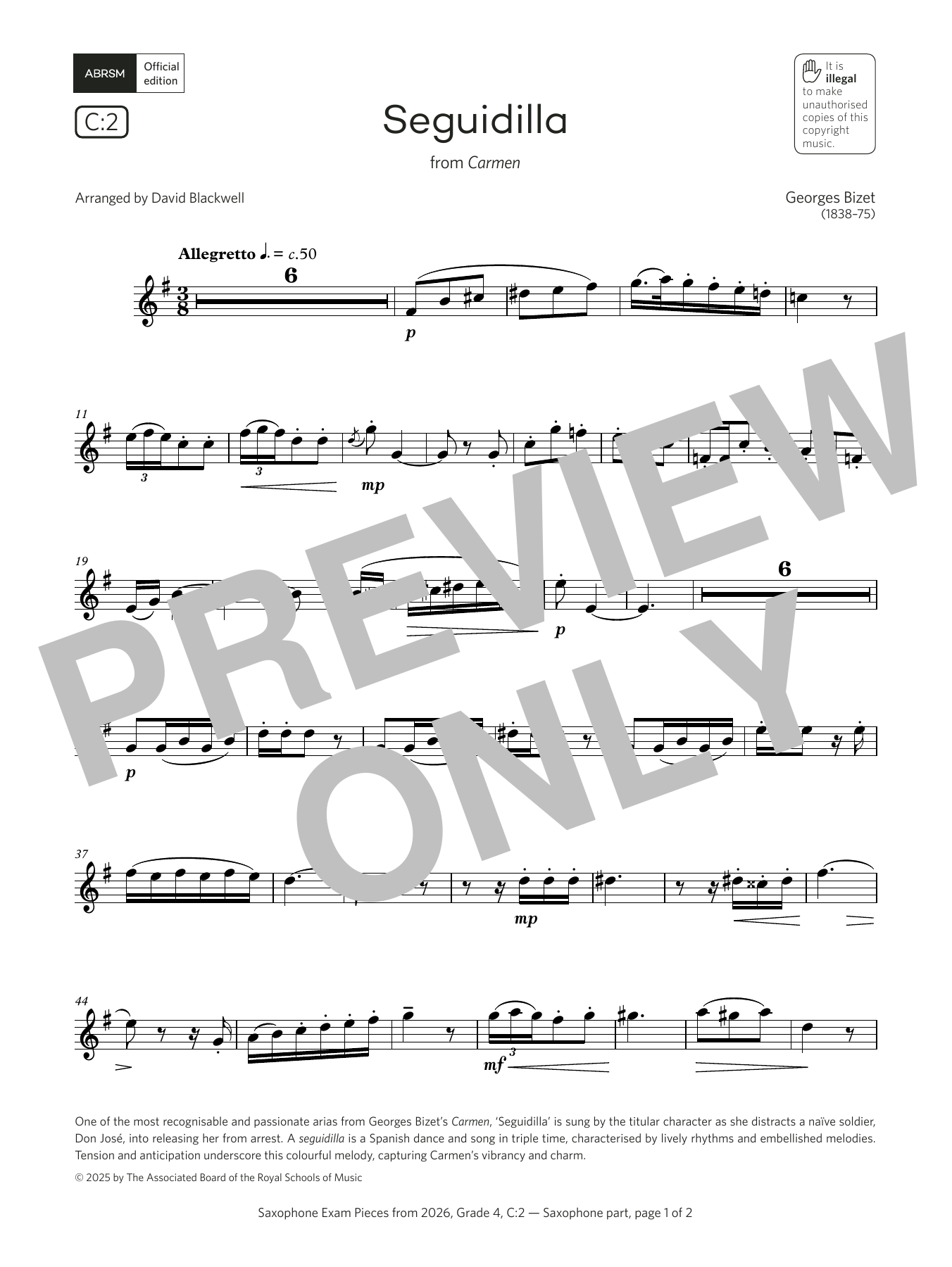 Georges Bizet Seguidilla (Grade 4, list C2, from the ABRSM Saxophone Syllabus from 2026) sheet music notes and chords arranged for Alto Sax Solo