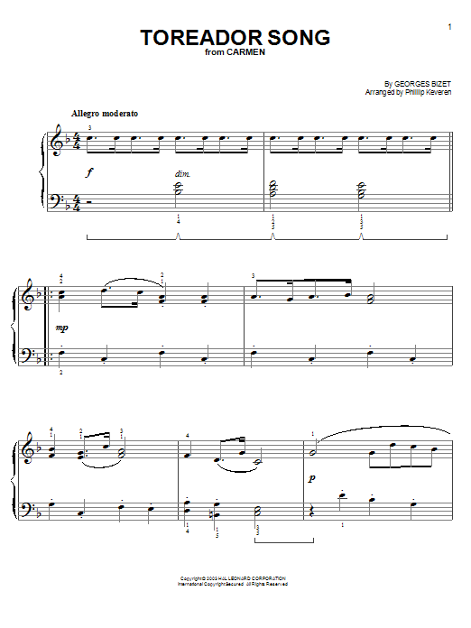 Georges Bizet Toreador Song (from The Bad News Bears) (arr. Phillip Keveren) sheet music notes and chords arranged for Easy Piano
