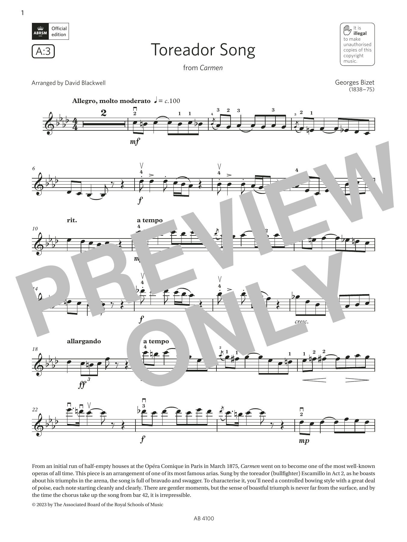 Georges Bizet Toreador Song (Grade 6, A3, from the ABRSM Violin Syllabus from 2024) sheet music notes and chords arranged for Violin Solo