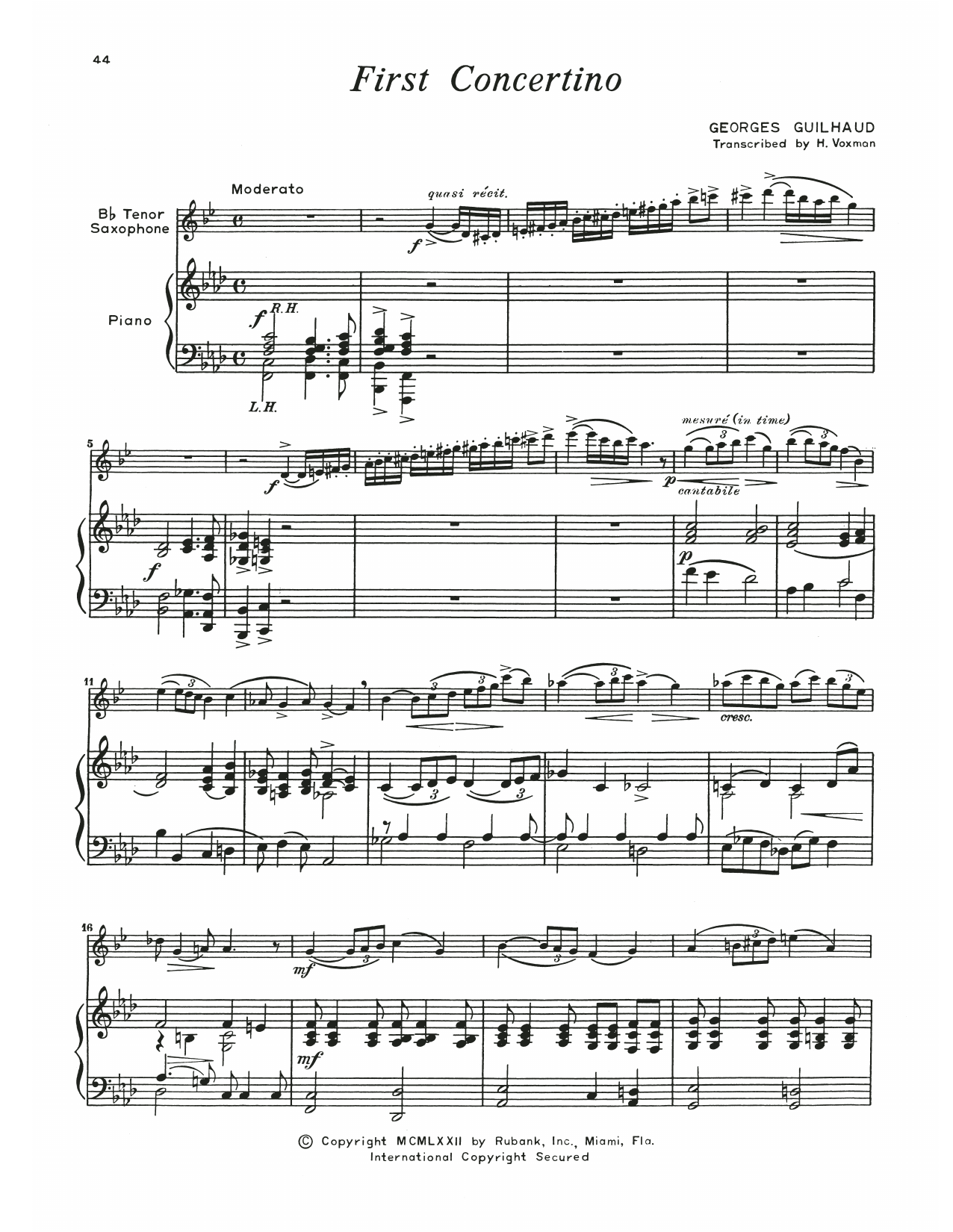 Georges Guilhaud First Concertino sheet music notes and chords arranged for Tenor Sax and Piano