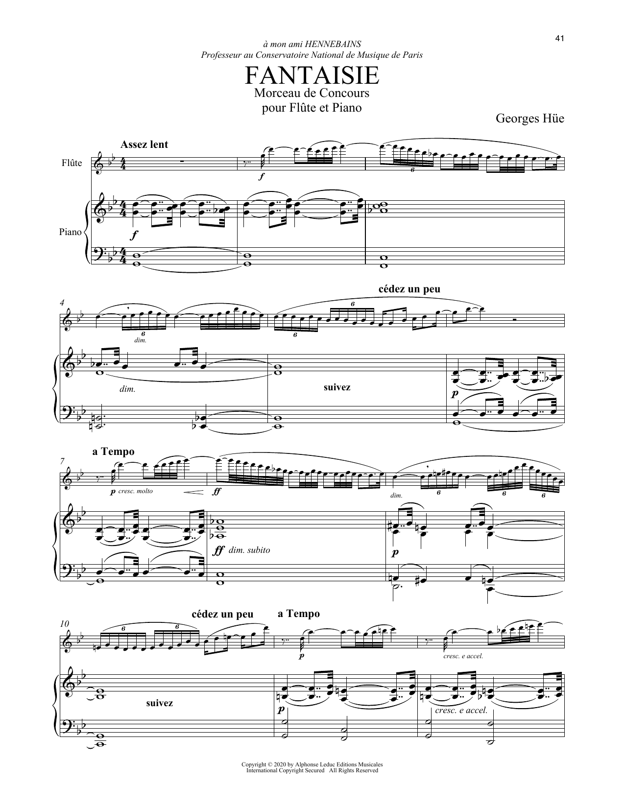 Georges Hüe Fantaisie sheet music notes and chords arranged for Flute and Piano