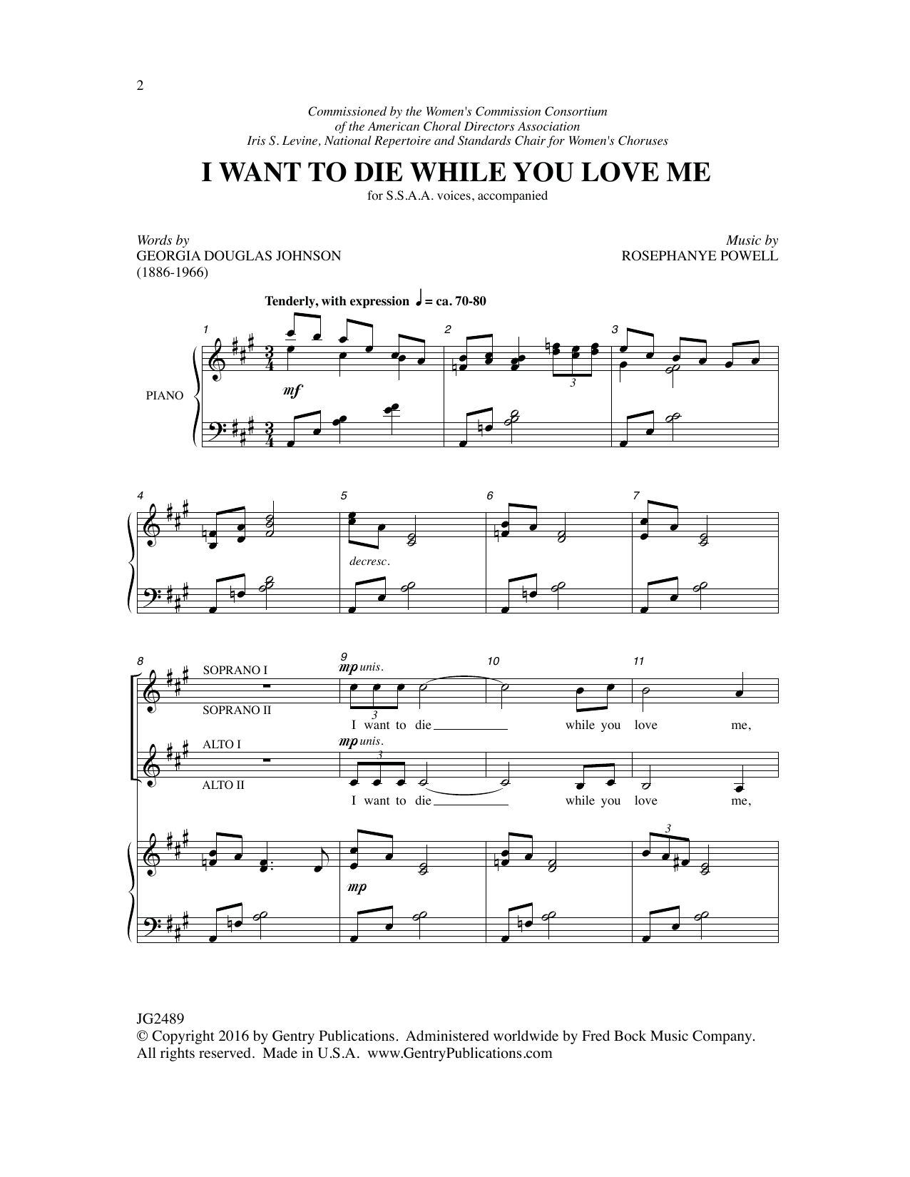Georgia Douglas Johnson I Want to Die While You Love Me sheet music notes and chords arranged for SSAA Choir