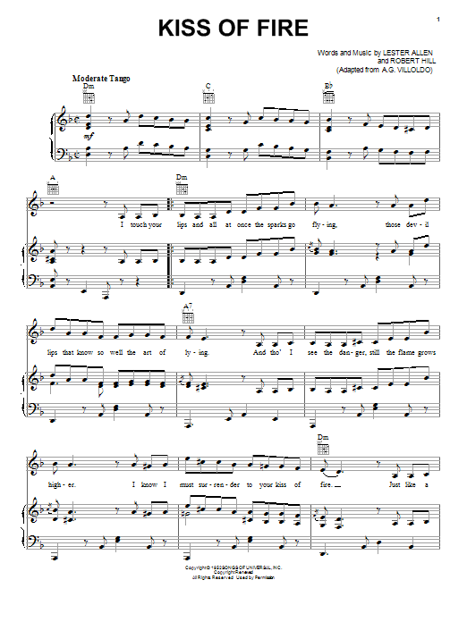 Georgia Gibbs Kiss Of Fire sheet music notes and chords arranged for Piano, Vocal & Guitar Chords (Right-Hand Melody)