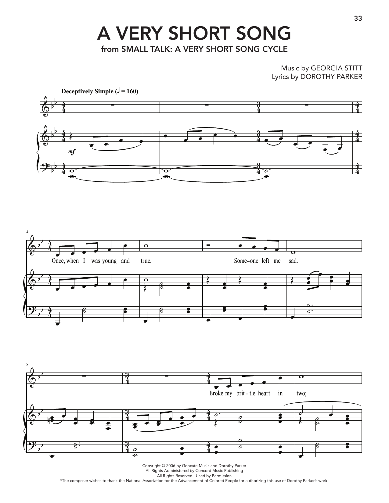Georgia Stitt A Very Short Song (from Small Talk: A Very Short Song Cycle) sheet music notes and chords arranged for Piano & Vocal