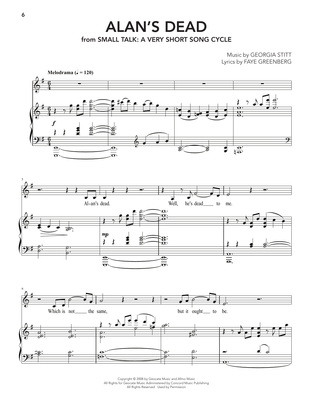 Georgia Stitt Alan's Dead (from Small Talk: A Very Short Song Cycle) sheet music notes and chords arranged for Piano & Vocal