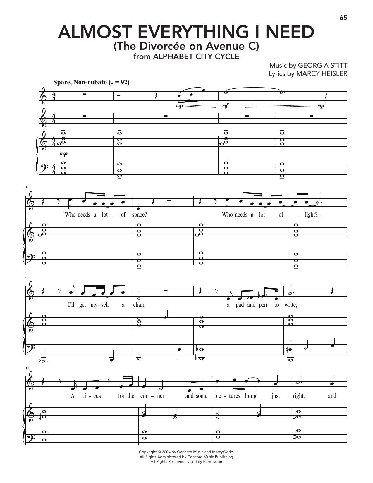 Georgia Stitt Almost Everything I Need (The Divorcée On Avenue C) sheet music notes and chords arranged for Piano & Vocal
