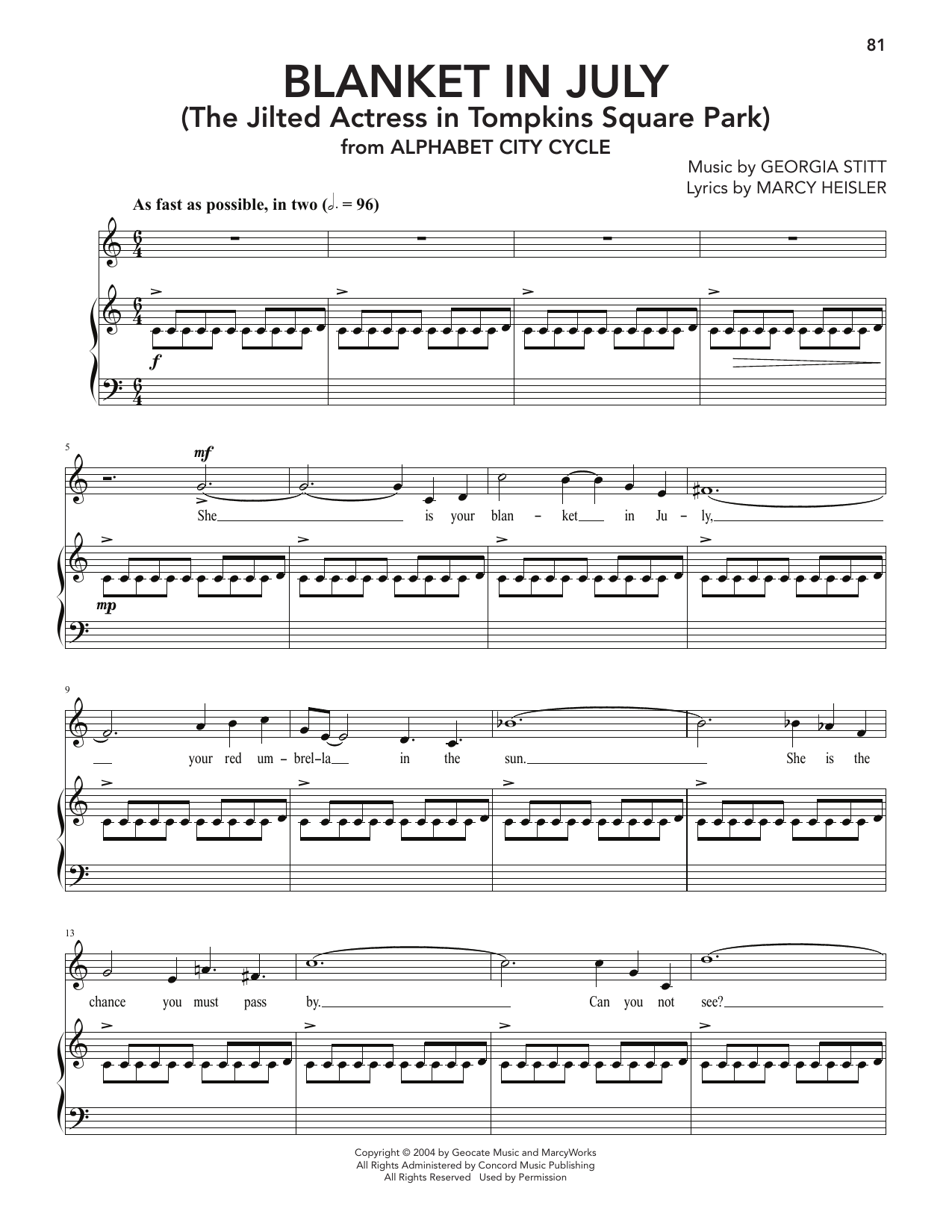 Georgia Stitt Blanket In July (The Jilted Actress In Tompkins Square Park) sheet music notes and chords arranged for Piano & Vocal