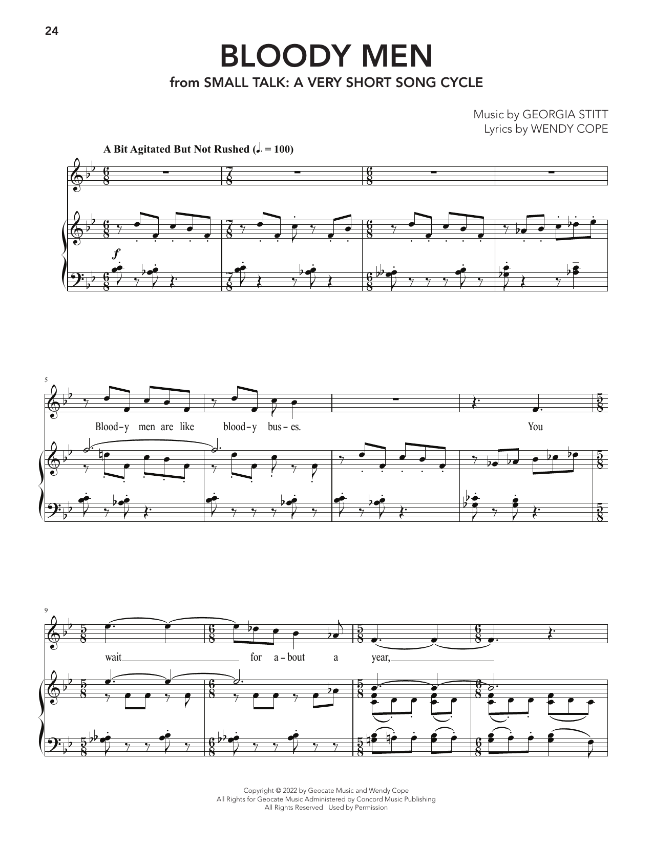 Georgia Stitt Bloody Men (from Small Talk: A Very Short Song Cycle) sheet music notes and chords arranged for Piano & Vocal