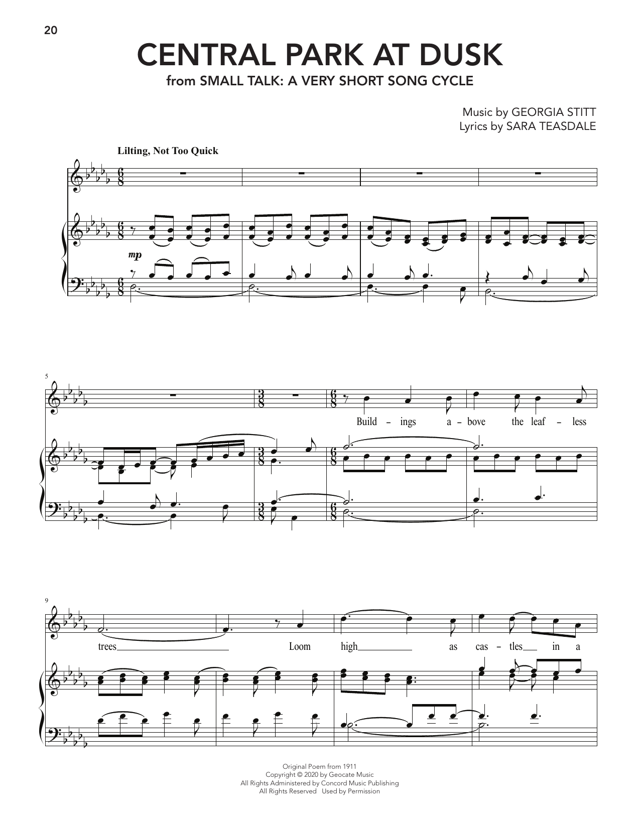 Georgia Stitt Central Park At Dusk (from Small Talk: A Very Short Song Cycle) sheet music notes and chords arranged for Piano & Vocal