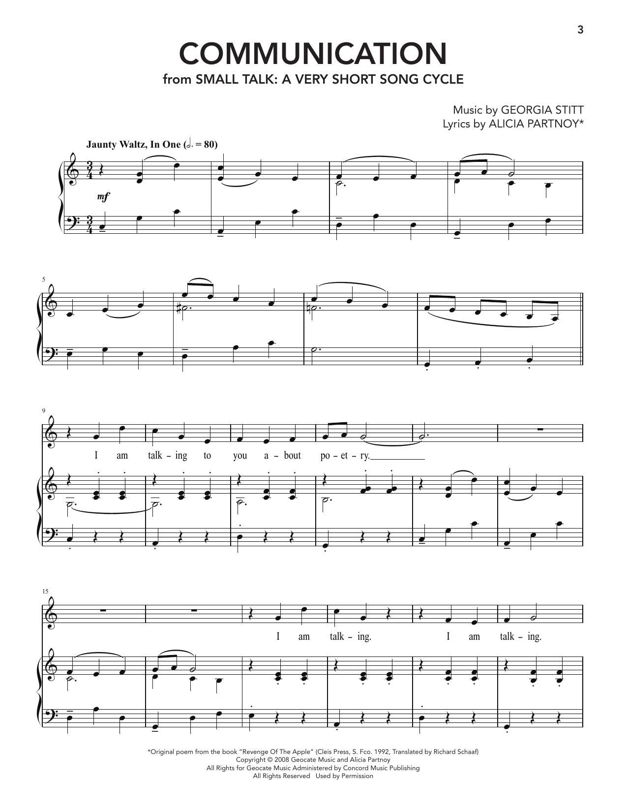 Georgia Stitt Communication (from Small Talk: A Very Short Song Cycle) sheet music notes and chords arranged for Piano & Vocal