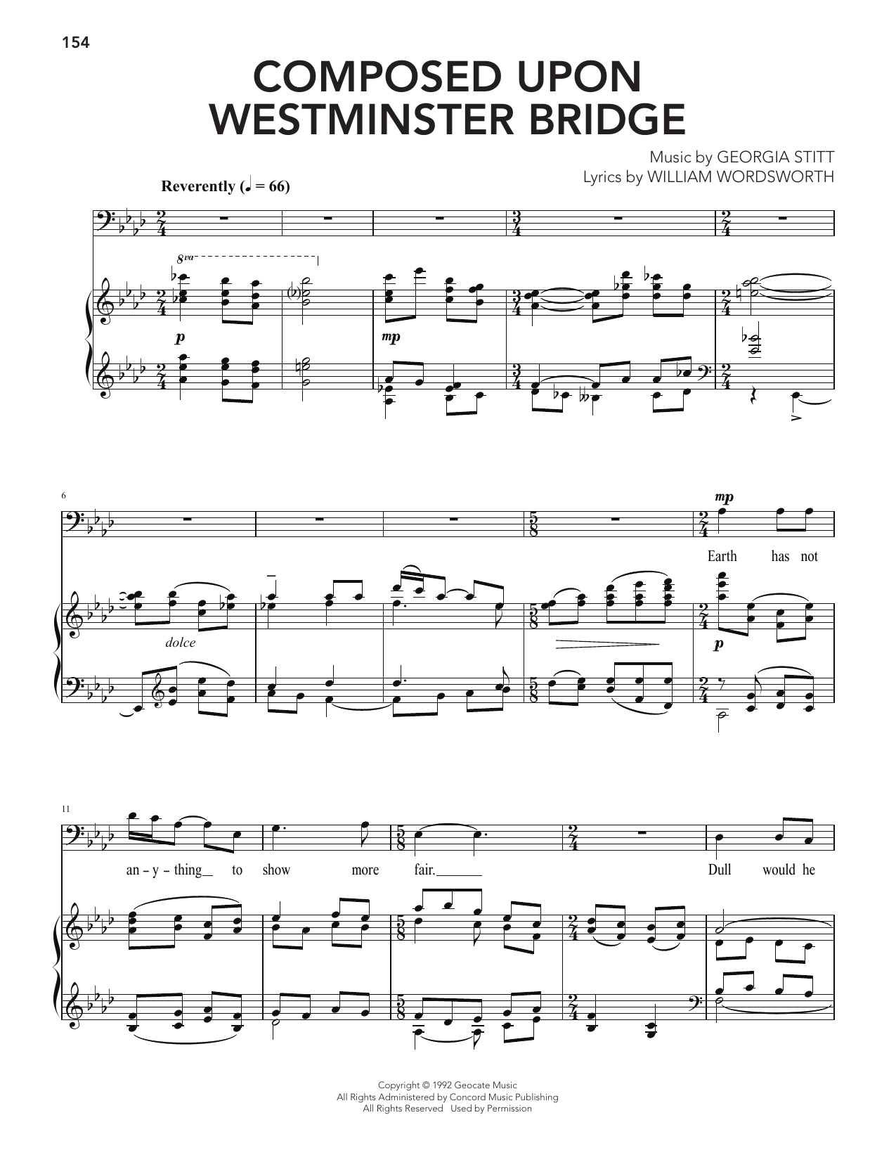 Georgia Stitt Composed Upon Westminster Bridge sheet music notes and chords arranged for Piano & Vocal