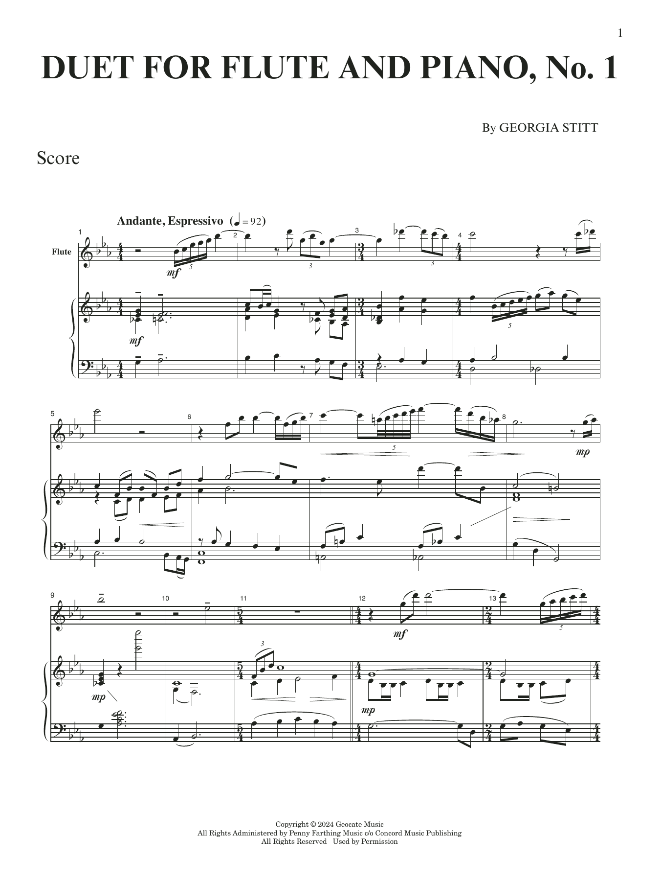 Georgia Stitt Duet For Flute And Piano, No. 1 sheet music notes and chords arranged for Flute and Piano