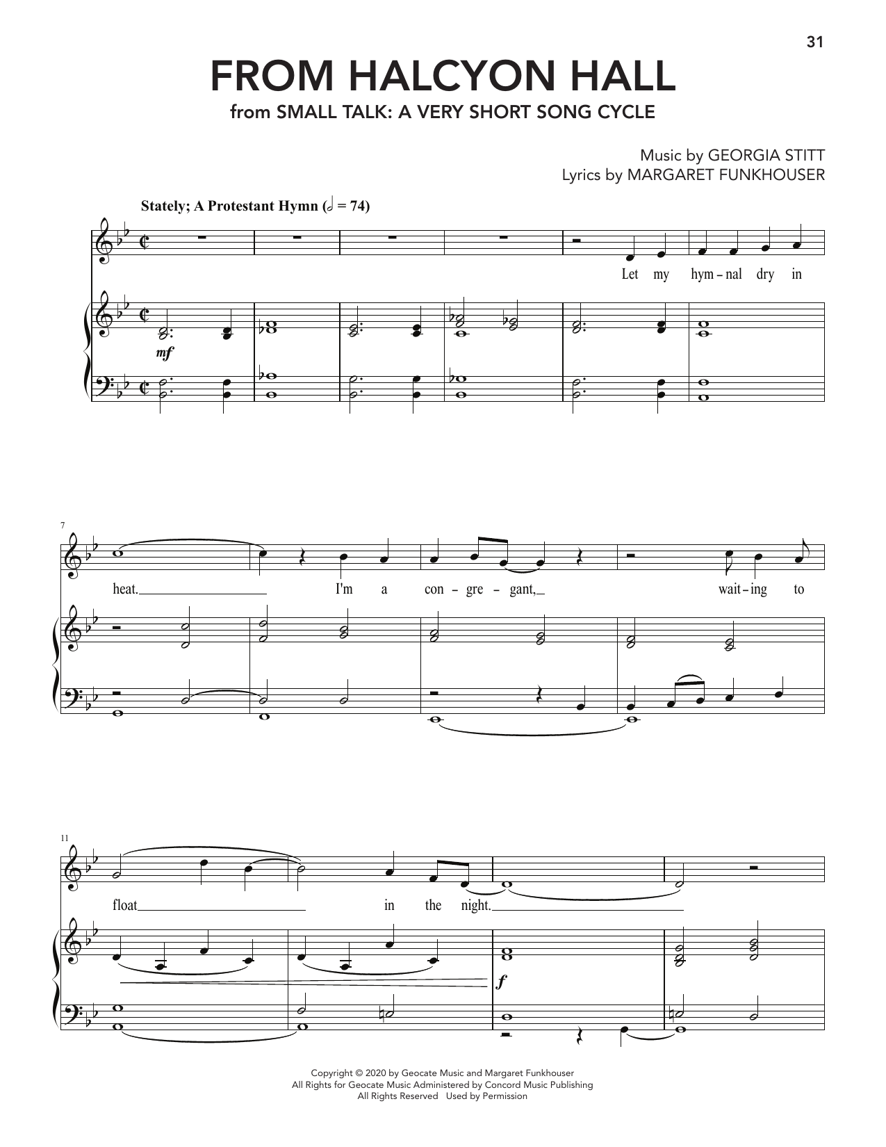 Georgia Stitt From Halcyon Hall (from Small Talk: A Very Short Song Cycle) sheet music notes and chords arranged for Piano & Vocal