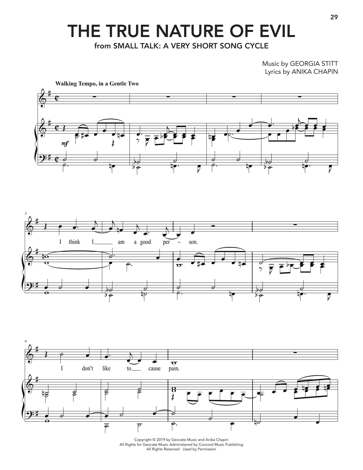Georgia Stitt The True Nature Of Evil (from Small Talk: A Very Short Song Cycle) sheet music notes and chords arranged for Piano & Vocal