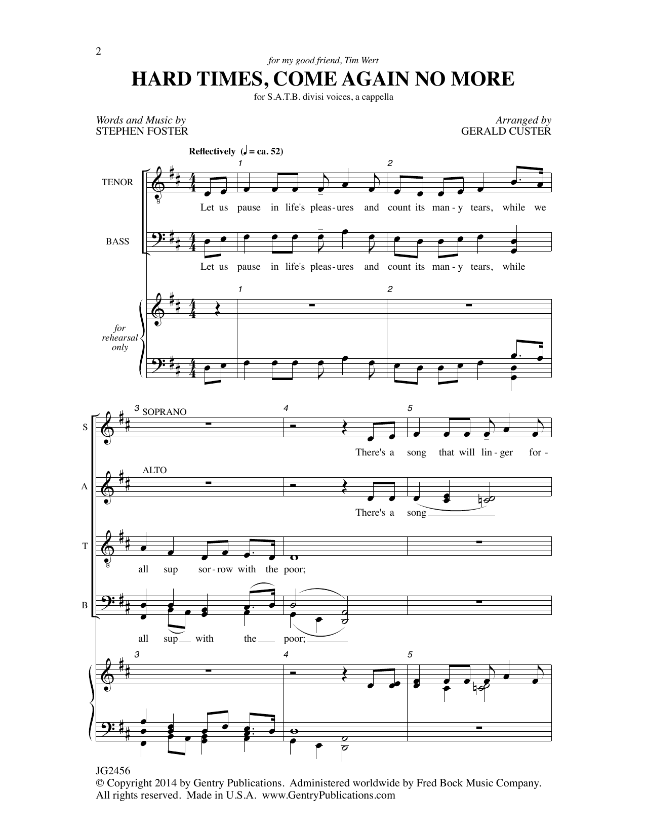 Gerald Custer Hard Times, Come Again No More sheet music notes and chords arranged for SATB Choir