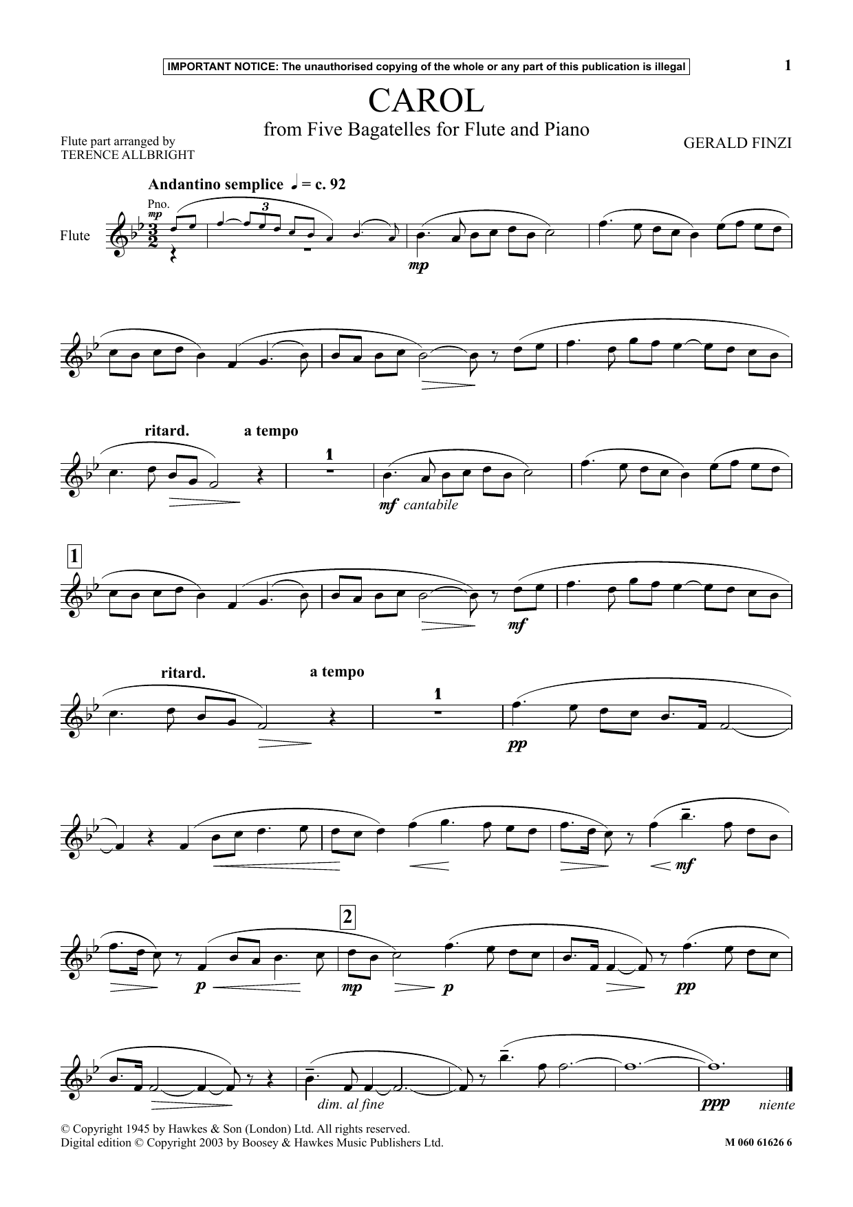 Gerald Finzi Carol (from Five Bagatelles For Flute And Piano) sheet music notes and chords arranged for Flute and Piano