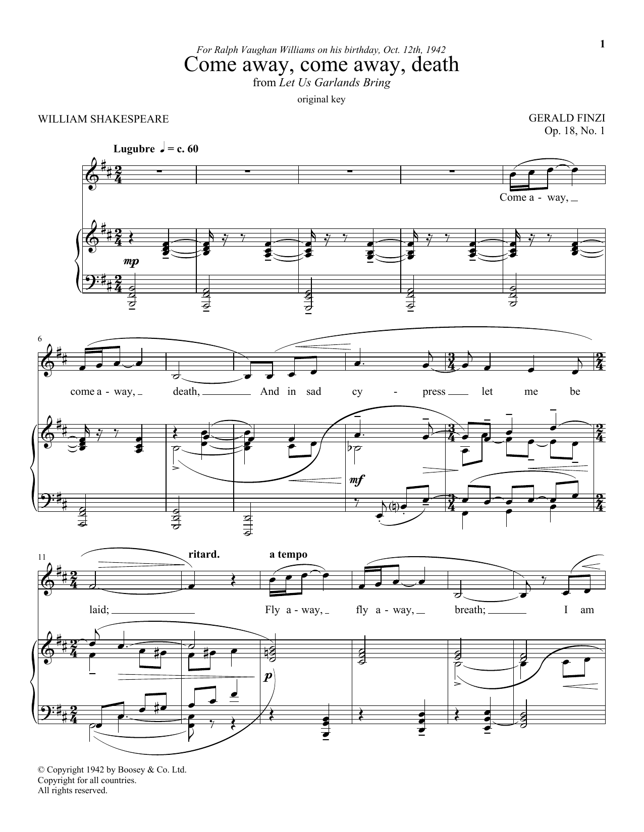 Gerald Finzi Come Away, Come Away Death sheet music notes and chords arranged for Piano & Vocal