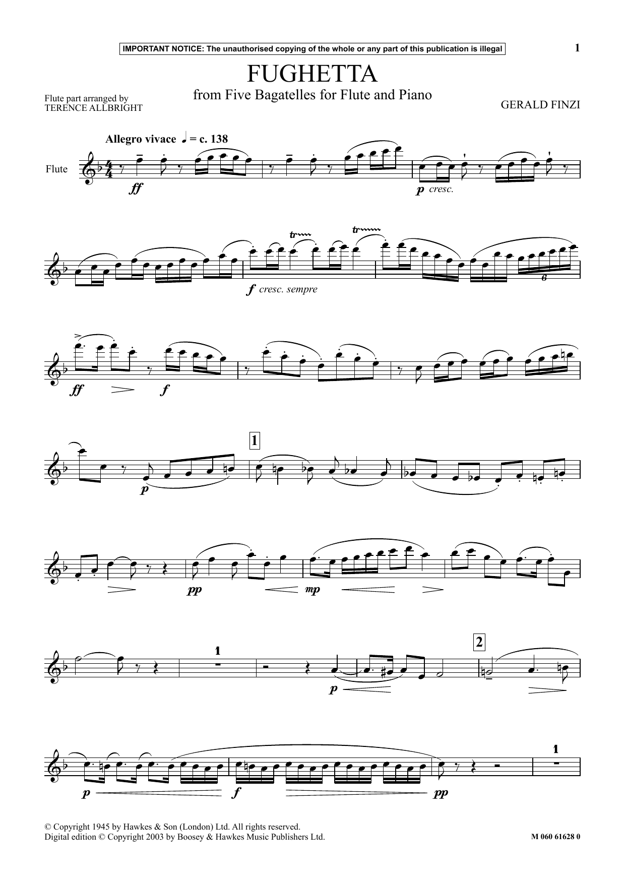 Gerald Finzi Fughetta (from Five Bagatelles For Flute And Piano) sheet music notes and chords arranged for Flute and Piano