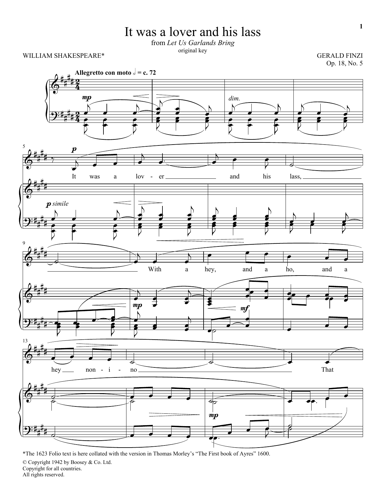 Gerald Finzi It Was A Lover And His Lass sheet music notes and chords arranged for Piano & Vocal