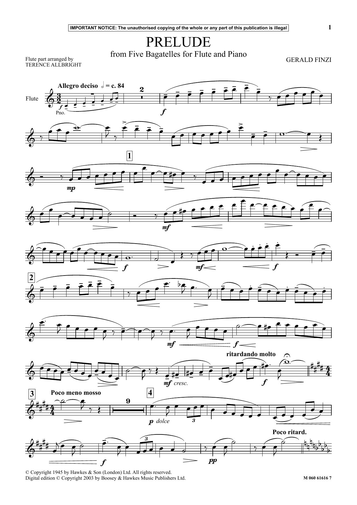 Gerald Finzi Prelude (from Five Bagatelles For Flute And Piano) sheet music notes and chords arranged for Flute and Piano