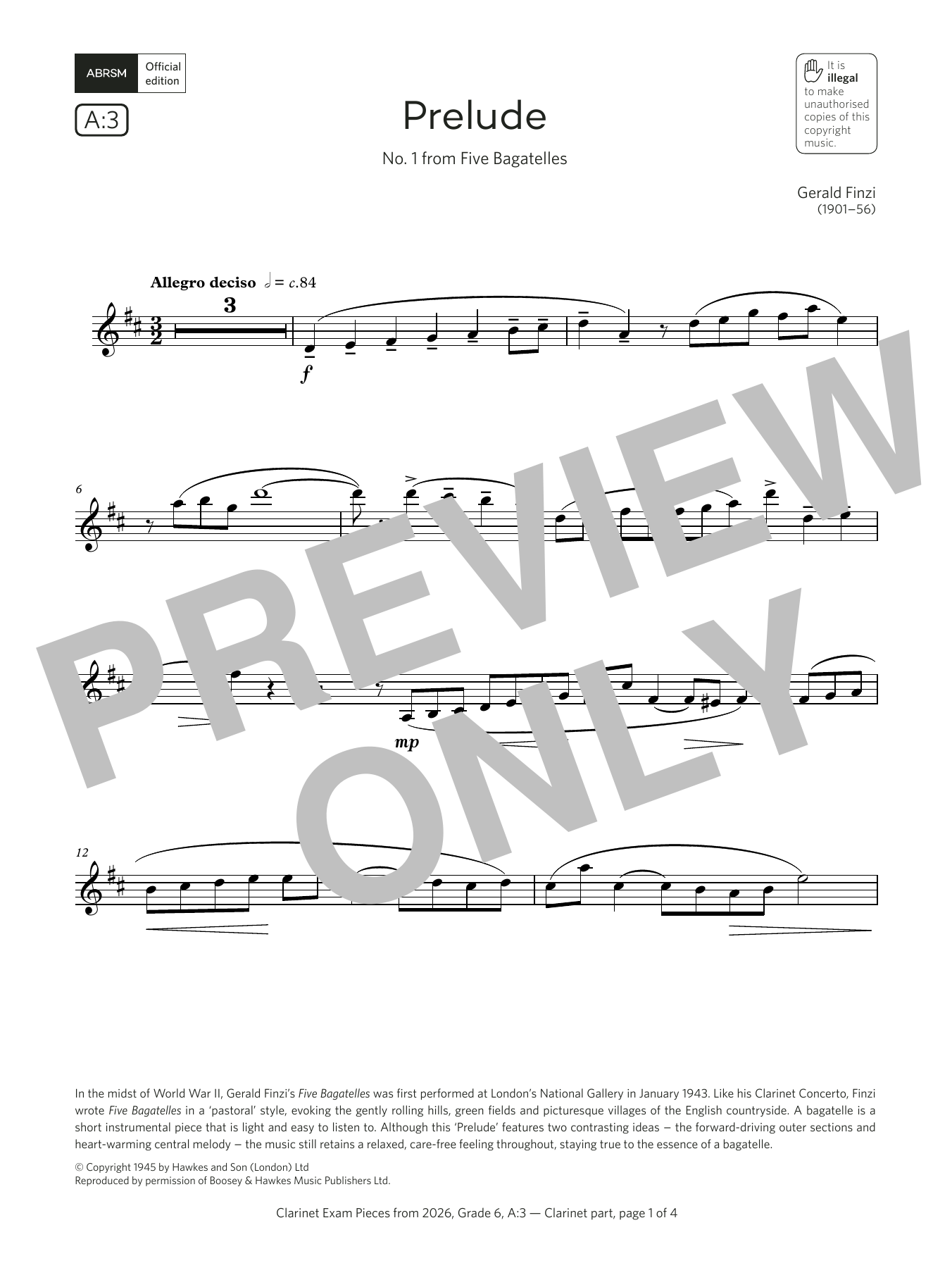 Gerald Finzi Prelude (Grade 6, list A3, from the ABRSM Clarinet Syllabus from 2026) sheet music notes and chords arranged for Clarinet Solo